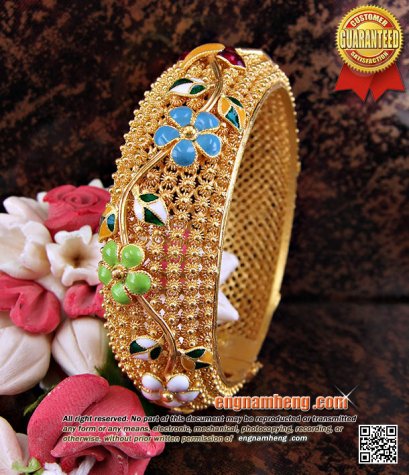 กำไลดอกพิกุล ประดับลวดลายช่อดอกไม้ทองคำลงยา ทองคำ 96.5% น้ำหนัก 82.10 กรัม งานฝีมือละเอียดน่าสะสมค่ะ