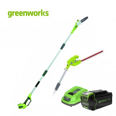 Greenworks เครื่องตัดกิ่ง ขนาด 40V (เปลี่ยนเป็นเครื่องเล็มพุ่มได้) พร้อมแบตเตอรีและแท่นชาร์จ