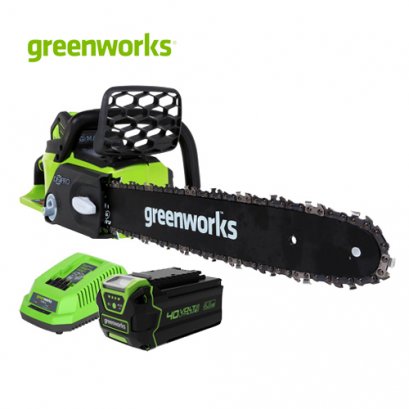 Greenworks เลื่อยโซ่แบตเตอรี่ ขนาด 40V, กำลัง 0.9 แรงม้า, บาร์ 10 นิ้ว พร้อมแบตเตอรีและแท่นชาร์จ