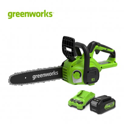 GREENWORKS เลื่อยโซ่ 24V บาร์ 10 นิ้ว พร้อมแบตเตอรี่(4 แอมป์)และแท่นชาร์จเร็ว