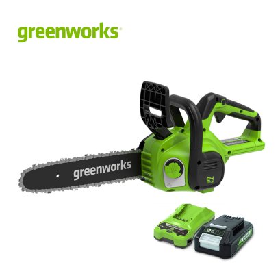 GREENWORKS เลื่อยโซ่ 24V บาร์ 10 นิ้ว พร้อมแบตเตอรี่(2 แอมป์)และแท่นชาร์จ