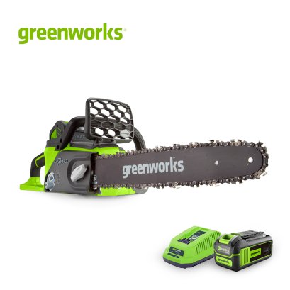 Greenworks เลื่อยโซ่แบตเตอรี่ ขนาด 40V, กำลัง 0.9 แรงม้า, บาร์ 10 นิ้ว พร้อมแบตเตอรีและแท่นชาร์จ
