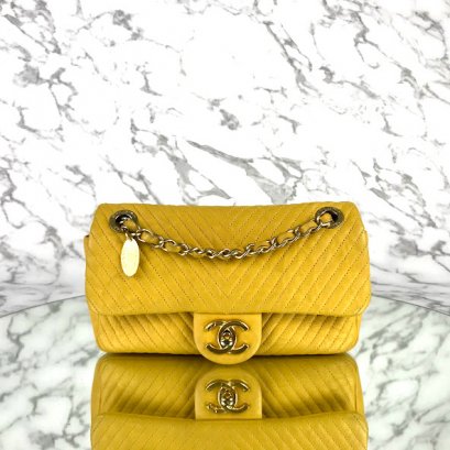 MP-10523 Used Chanel Flap 8&quot; Chevron Yellow  Ghw