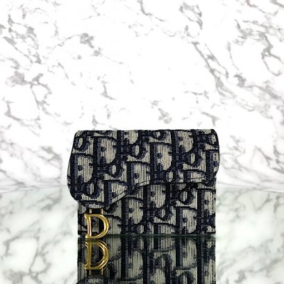 MP-10409 Used Dior Saddle Card Holder In Trotter Blue Dhw