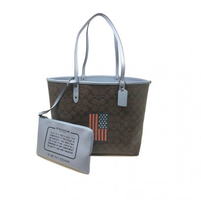 New Coach Reversible Tote In Brown/Blue With American Flag SHW