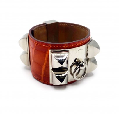 Used Hermes CDC Bracelet Size S in Orange Croc PHW