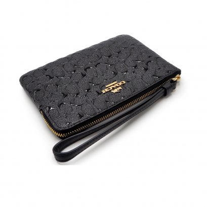 New Coach Corner Zip Wristlet in Black Patent GHW