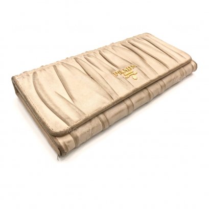 Used Prada Long Wallet in Beige Leather GHW