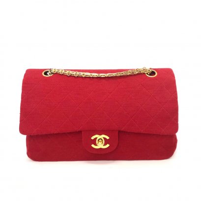 Used Chanel Vintage Classic Medium in Red Jersey Fabric GHW