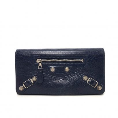 Used Balenciaga Long Wallet in Navy Leather SHW