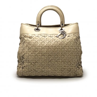 Used Christian Dior Lady 12&quot; Tote In Beige Leather SHW