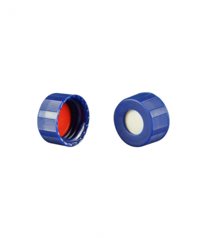 9mm  red PTFE/white Silicone septa blue screw polypropylene cap, 6mm centre hole
