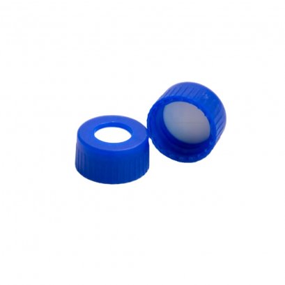 9mm Nature PTFE/whiteSilicone septa blue screw polypropylene cap, 6mm centre hole