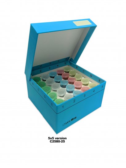 Cardboard freezer box, hinged lid, insert for snap-cap 5ml tubes