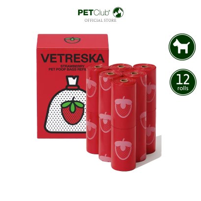 VETRESKA Strawberry Pet Poop Bags - ถุงเก็บมูลสัตว์เลี้ยง กลิ่นสตรอว์เบอร์รี่ 12 ม้วน