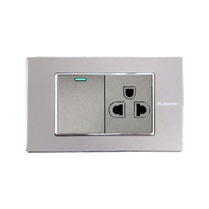 เต้าเสียบกราวน์เดี่ยว(มีม่านนิรภัย)+สวิตช์ไฟฟ้าแบบ 1.5G(ปุ่มกลาง)พร้อมกรอบสแตนเลส PinkGRAY