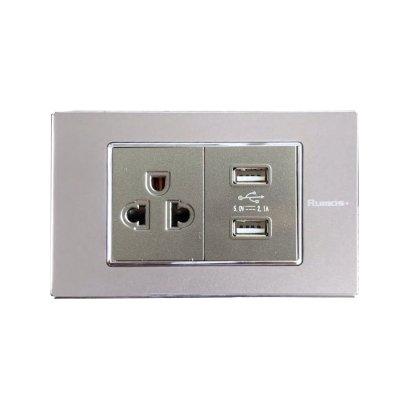 เต้าเสียบกราวน์ + USB Port พร้อมกรอบสแตนเลส PinkGRAY