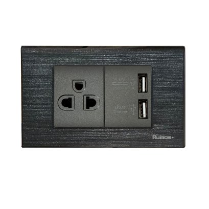 เต้าเสียบกราวน์ + USB Port พร้อมกรอบพลาสติก HAIRLINE สีดำ