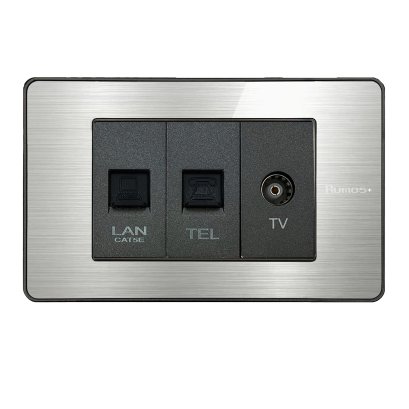 เต้าเสียบโทรศัพท์(4 สาย)+เต้าเสียบคอม(CAT5)+เต้าเสียบทีวีพร้อมกรอบสีอลูมิเนียม