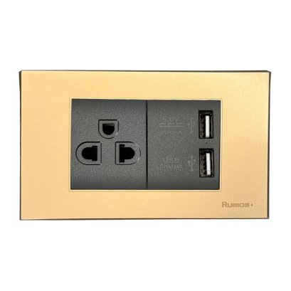 เต้าเสียบกราวน์ + USB Port พร้อมกรอบพลาสติก สีทอง