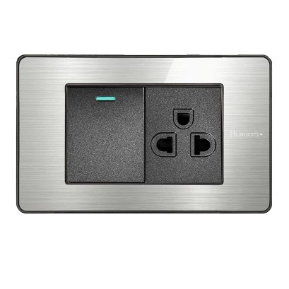 เต้าเสียบกราวน์เดี่ยว(มีม่านนิรภัย)+สวิตช์ไฟฟ้าแบบ 1.5G(ปุ่มกลาง)  พร้อมกรอบสีอลูมิเนียม