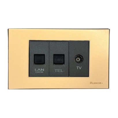 เต้าเสียบโทรศัพท์(4 สาย)+เต้าเสียบคอม(CAT5)+เต้าเสียบทีวีพร้อมกรอบพลาสติก สีทอง
