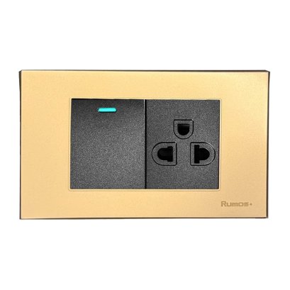 เต้าเสียบกราวน์เดี่ยว(มีม่านนิรภัย)+สวิตช์ไฟฟ้าแบบ 1.5G(ปุ่มกลาง)ทางเดียว พร้อมกรอบพลาสติก สีทอง