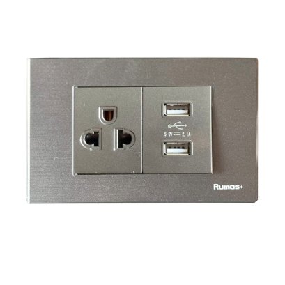 เต้าเสียบกราวน์ + USB Port พร้อมกรอบพลาสติก  สีเทา