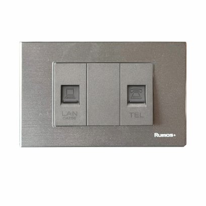 เต้าเสียบโทรศัพท์(4 สาย)+เต้าเสียบคอม(CAT5)พร้อมกรอบพลาสติก สีเทา