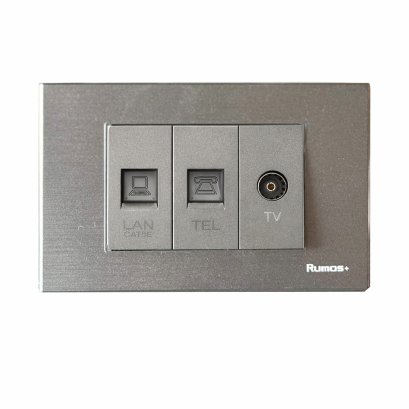 เต้าเสียบโทรศัพท์(4 สาย)+เต้าเสียบคอม(CAT5)+เต้าเสียบทีวีพร้อมกรอบพลาสติก  สีเทา