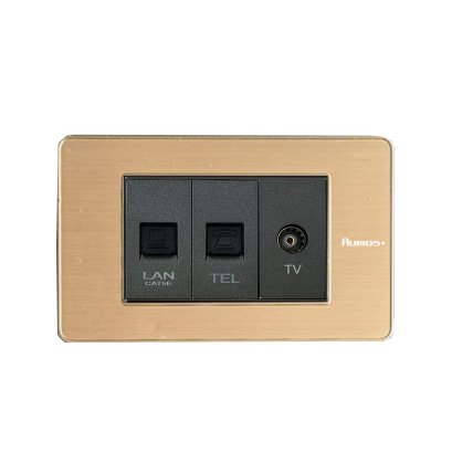 เต้าเสียบโทรศัพท์(4 สาย)+เต้าเสียบคอม(CAT5)+เต้าเสียบทีวีพร้อมกรอบสีทอง