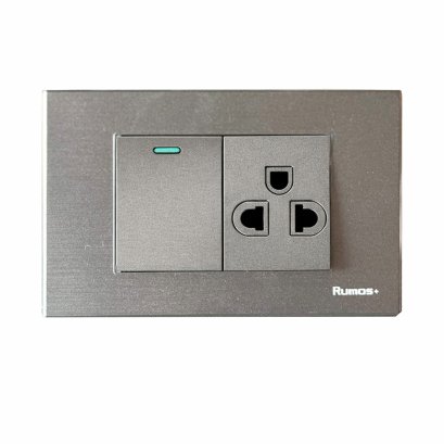 เต้าเสียบกราวน์เดี่ยว(มีม่านนิรภัย)+สวิตช์ไฟฟ้าแบบ 1.5G(ปุ่มกลาง)ทางเดียว พร้อมกรอบพลาสติก  สีเทา