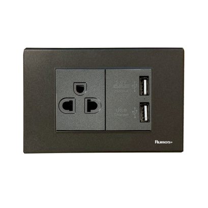 เต้าเสียบกราวน์ + USB Port พร้อมกรอบพลาสติก สีดำ