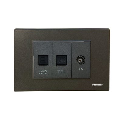 เต้าเสียบโทรศัพท์(4 สาย)+เต้าเสียบคอม(CAT5)+เต้าเสียบทีวีพร้อมกรอบพลาสติก สีดำ