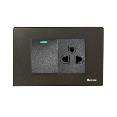 เต้าเสียบกราวน์เดี่ยว(มีม่านนิรภัย)+สวิตช์ไฟฟ้าแบบ 1.5G(ปุ่มกลาง)พร้อมกรอบพลาสติก สีดำ