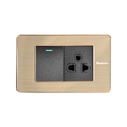 เต้าเสียบกราวน์เดี่ยว(มีม่านนิรภัย)+สวิตช์ไฟฟ้าแบบ 1.5G(ปุ่มกลาง)พร้อมกรอบสีโรสโกลด์