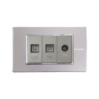 เต้าเสียบโทรศัพท์(4 สาย)+เต้าเสียบคอม(CAT5)+เต้าเสียบทีวีพร้อมกรอบสแตนเลส PinkGRAY