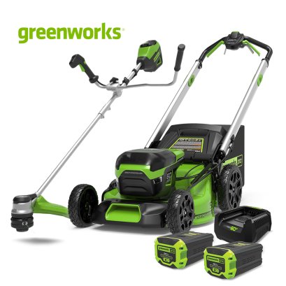 Greenworks รถตัดหญ้าเดินอัตโนมัติไร้สาย 60V และเครื่องตัดหญ้าสะพายแบตเตอรี่ พร้อมแบตเตอรี่ 8 แอมป์ 2 ก้อนและแท่นชาร์จ