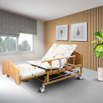 เตียงผู้ป่วยไฟฟ้าดีไซน์ลายไม้ 5 ฟังก์ชัน มีฟังก์ชันขับถ่าย (Multifunction A-011)