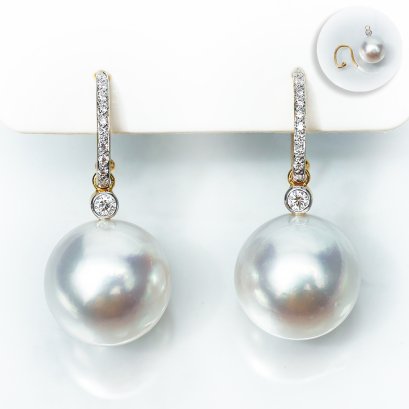 (PSL) Approx. 12.9 mm, Aurora Phoenix, Fish Hooks Diamond Paved Dangle Pearl Earrings