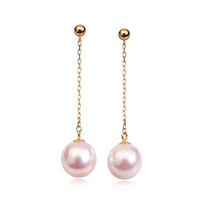 8.2 - 8.3 mm, Akoya Pearl, Dot Chain Dangle Pearl Stud Earrings
