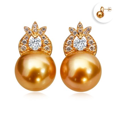 10.2 mm and 10.2 mm, Gold South Sea Pearl, Diamond Crown Pearl Stud Earrings