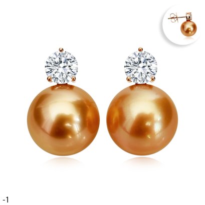 Approx. 11.0 - 11.5 mm, Gold South Sea Pearl, Diamond Dot Stud Earrings