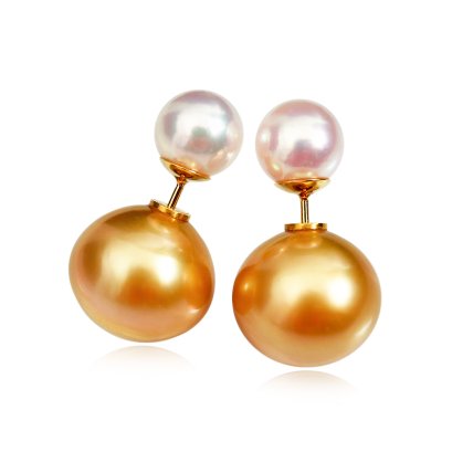 8.0 - 8.1 mm and 13.4-13.6 mm, Akoya Pearl and Gold South Sea Pearl, Front Back Double Pearl Stud Earrings