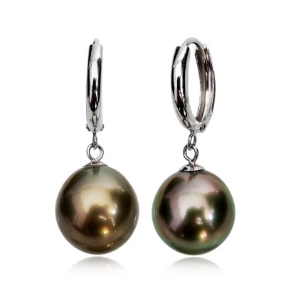 9.3 mm and 9.3 mm, Tahitian Pearl, Small Hoops Dangle Pearl Earrings