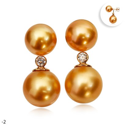 Approx. 10.5 mm and 12.5 mm, Gold South Sea Pearl, Pearl Stud Earrings with Diamond Dot Pearl Jacket