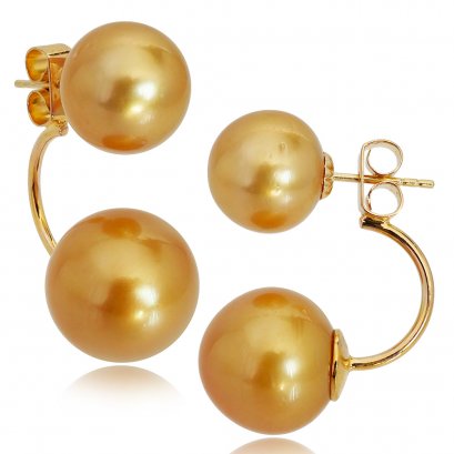 Approx. 11.0 - 13.0 mm, Gold South Sea Pearl, Twin Pearl Earrings