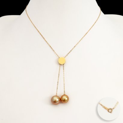 10.6 mm and 12.0 mm, Gold South Sea Pearl, Duo Pearl Coin Stopper Cable Chain Necklace