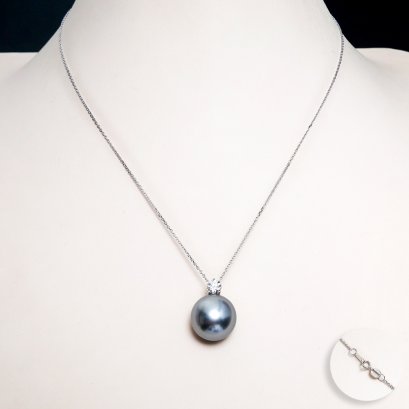 Approx. 15.8 mm, Tahitian Pearl, Diamond Dot Solitaire Pearl Pendant with Cable Chain Necklace