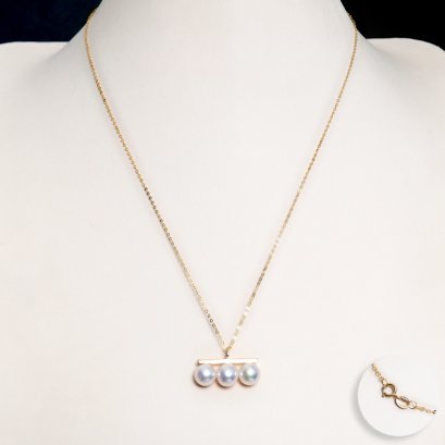 Approx. 8.0 mm, Akoya Pearl, Golden Bar Triple Pearl Pendant with Cable Chain Necklace